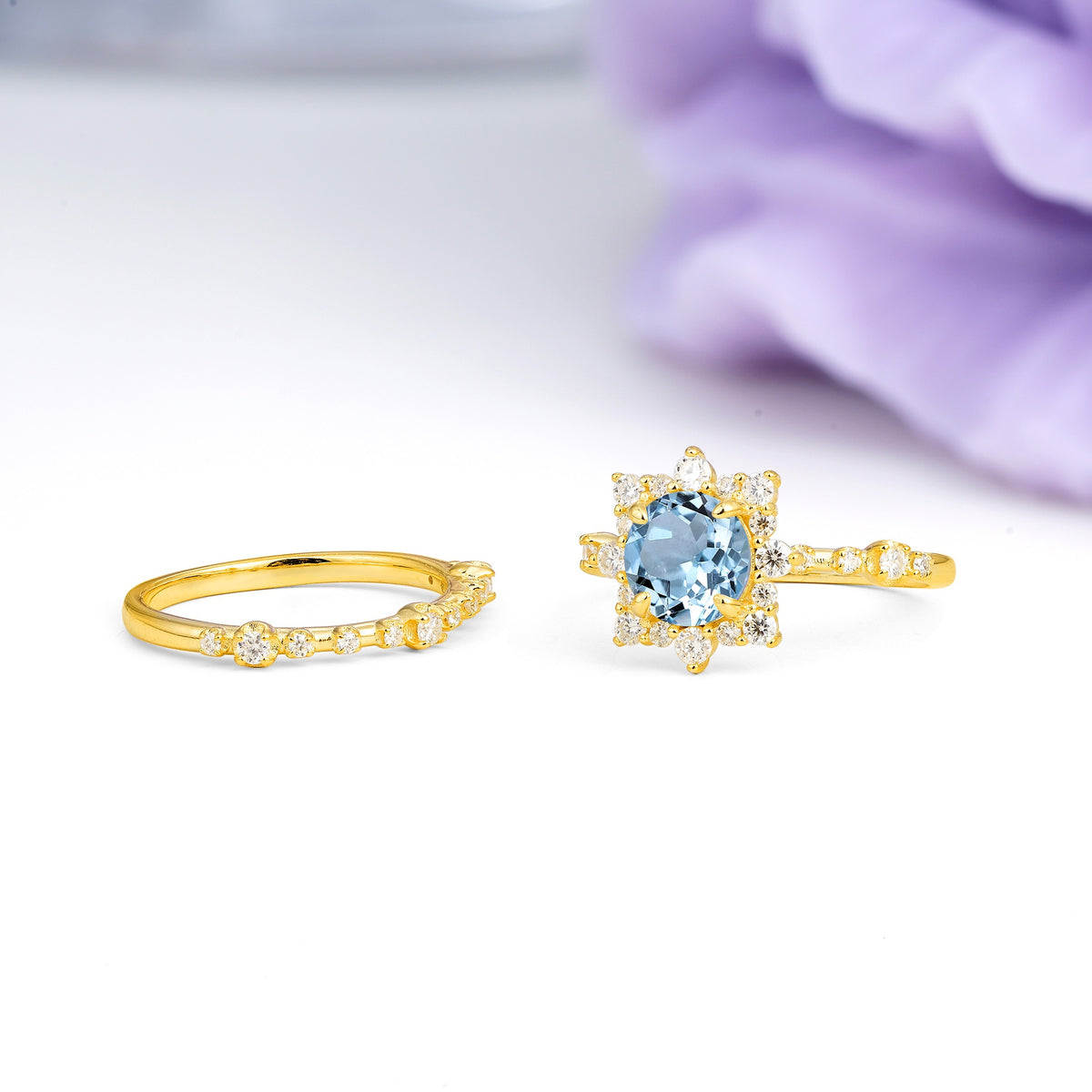 Rainbow Flash Floral Halo Twisted Arm Mini Accent Round Cut Aquamarine Bridal Ring Set - Additional view