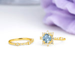 Rainbow Flash Floral Halo Twisted Arm Mini Accent Round Cut Aquamarine Bridal Ring Set - Additional view
