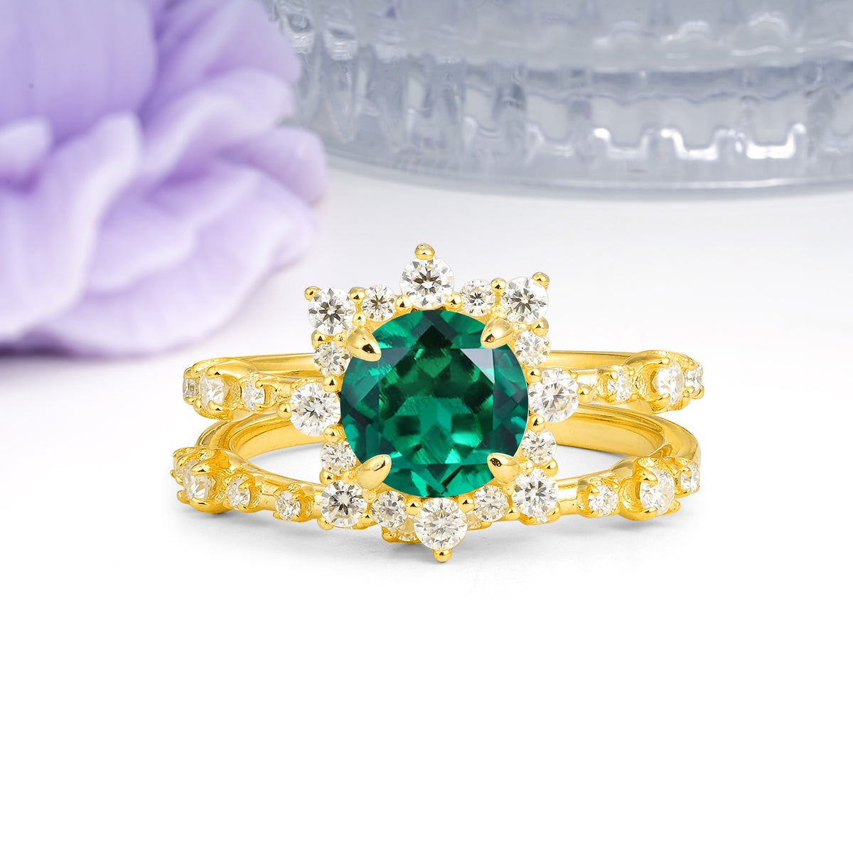 Rainbow Flash Floral Halo Twisted Arm Mini Accent Round Cut Emerald Bridal Ring Set - Additional view