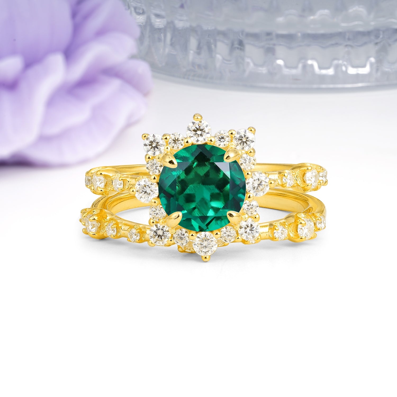 Rainbow Flash Floral Halo Twisted Arm Mini Accent Round Cut Emerald Bridal Ring Set - Additional view