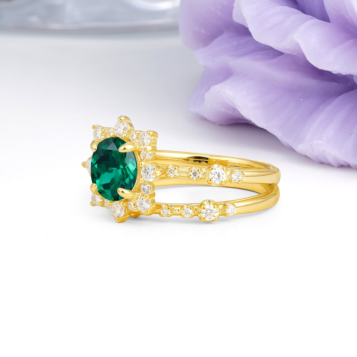 Rainbow Flash Floral Halo Twisted Arm Mini Accent Round Cut Emerald Bridal Ring Set - Additional view
