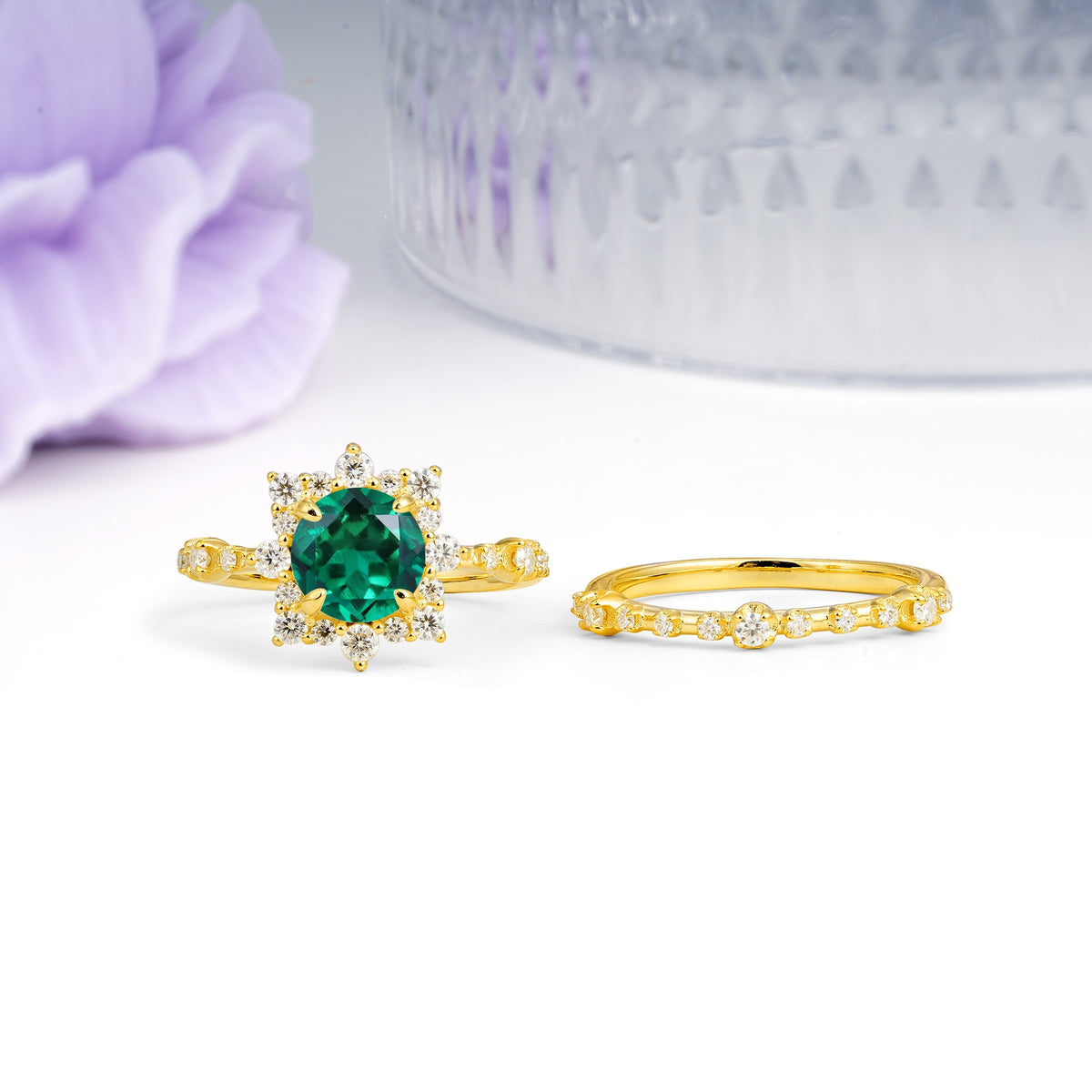 Rainbow Flash Floral Halo Twisted Arm Mini Accent Round Cut Emerald Bridal Ring Set - Additional view
