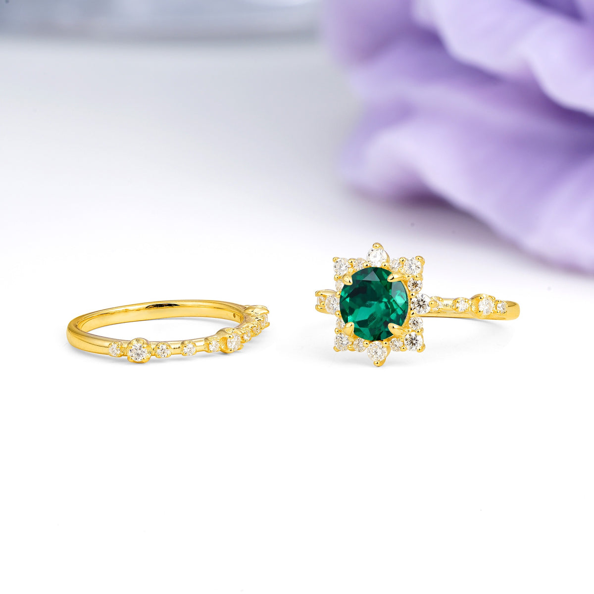Rainbow Flash Floral Halo Twisted Arm Mini Accent Round Cut Emerald Bridal Ring Set - Additional view