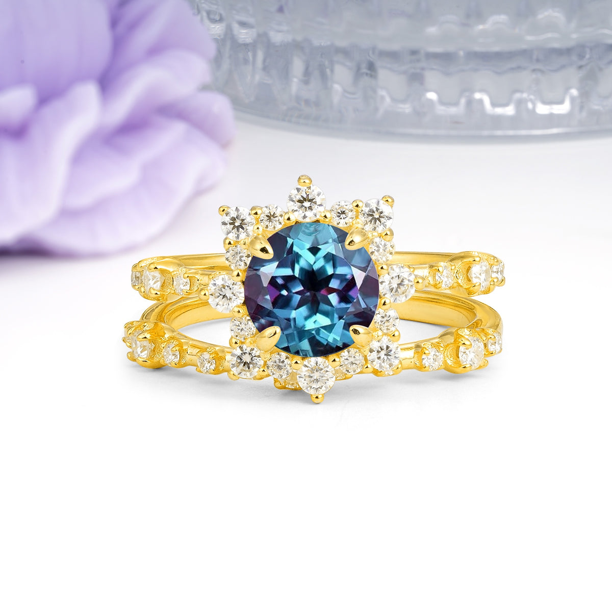 Rainbow Flash Floral Halo Twisted Arm Mini Accent Round Cut Alexandrite Bridal Ring Set - Additional view