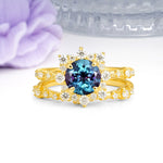 Rainbow Flash Floral Halo Twisted Arm Mini Accent Round Cut Alexandrite Bridal Ring Set - Additional view