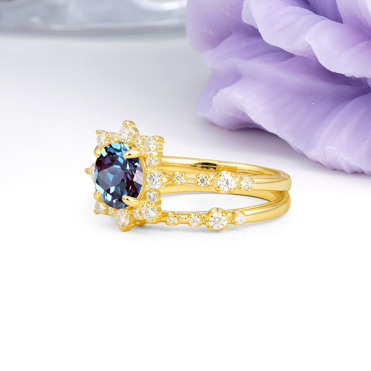 Rainbow Flash Floral Halo Twisted Arm Mini Accent Round Cut Alexandrite Bridal Ring Set - Additional view