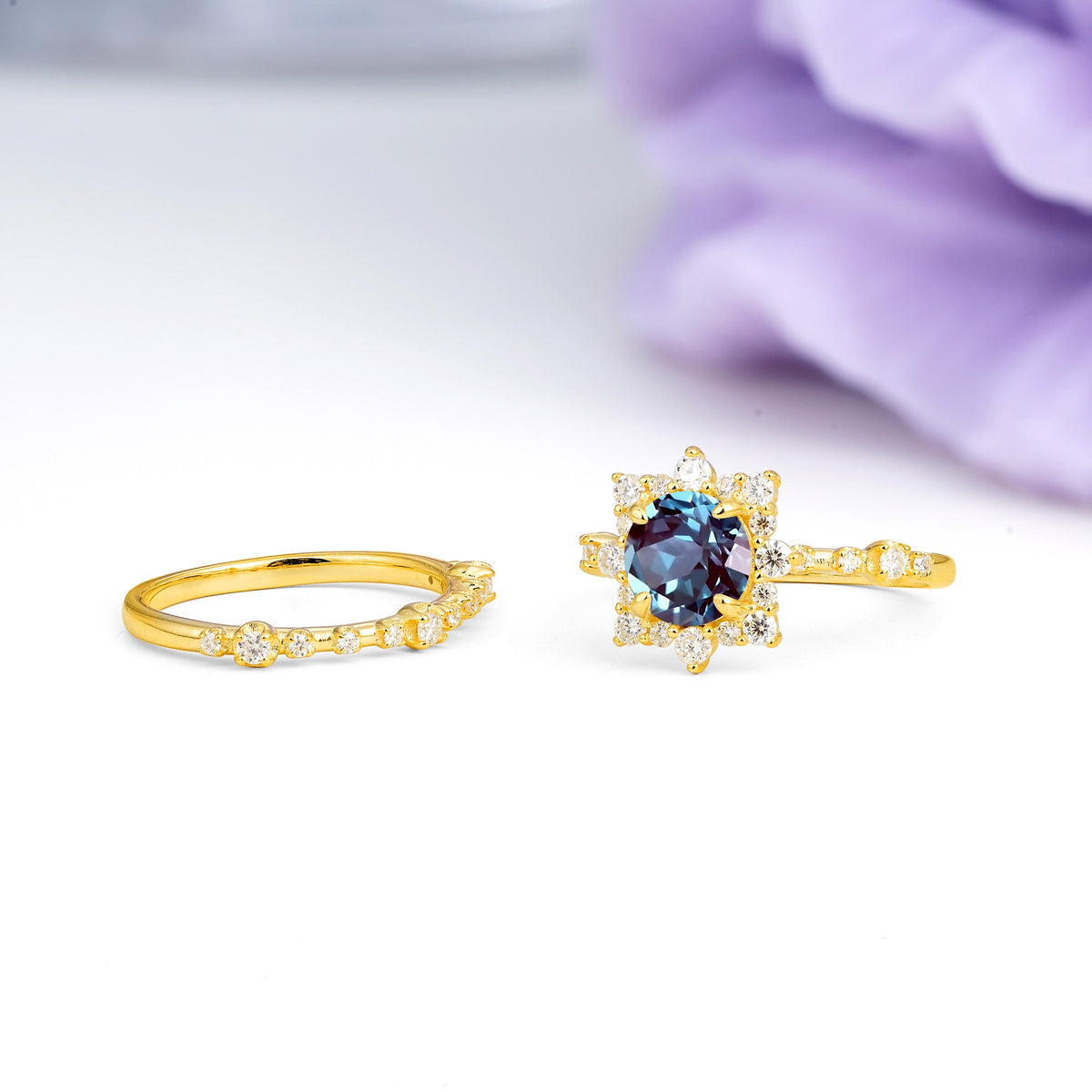 Rainbow Flash Floral Halo Twisted Arm Mini Accent Round Cut Alexandrite Bridal Ring Set - Additional view