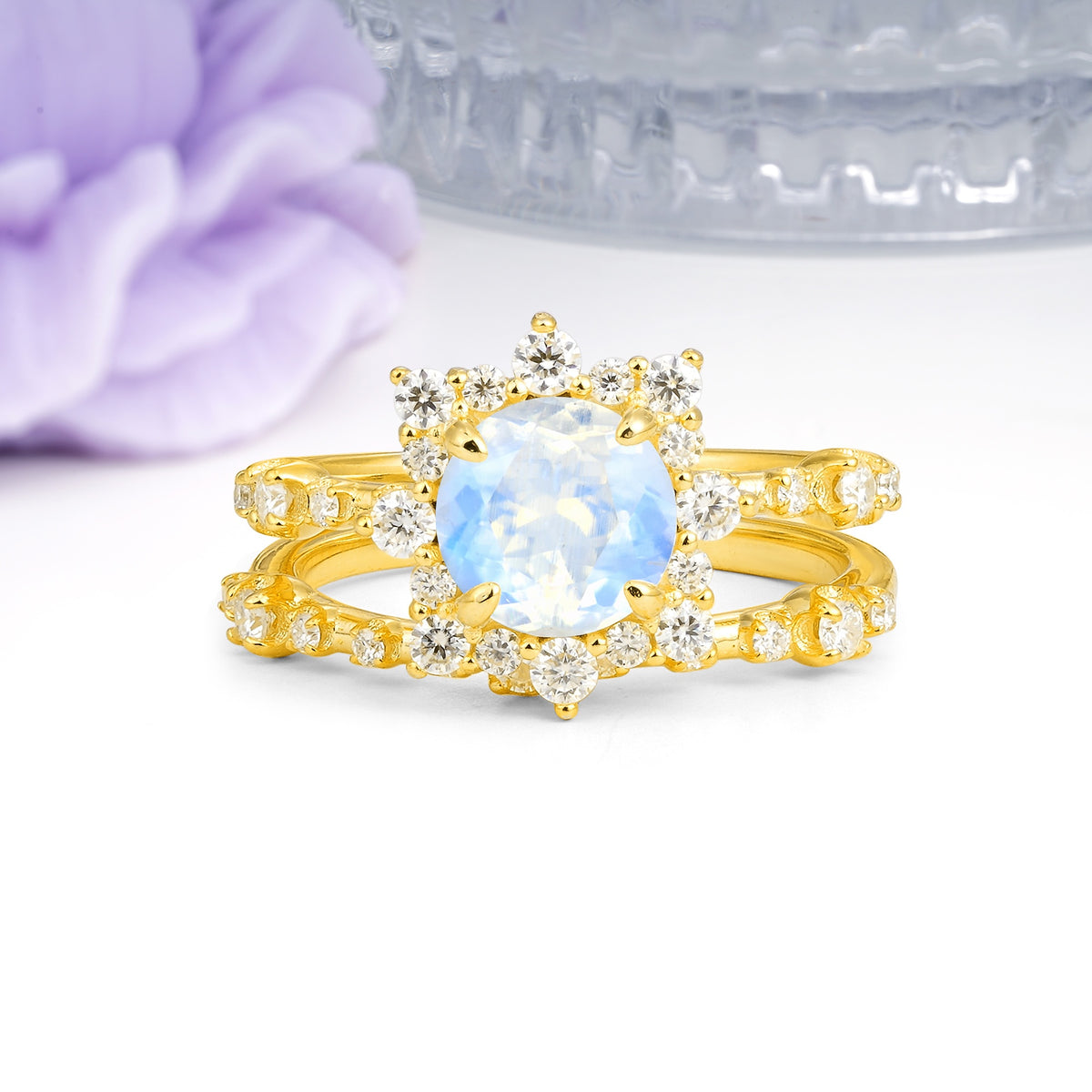 Rainbow Flash Floral Halo Twisted Arm Mini Accent Round Cut Moonstone Bridal Ring Set - Additional view