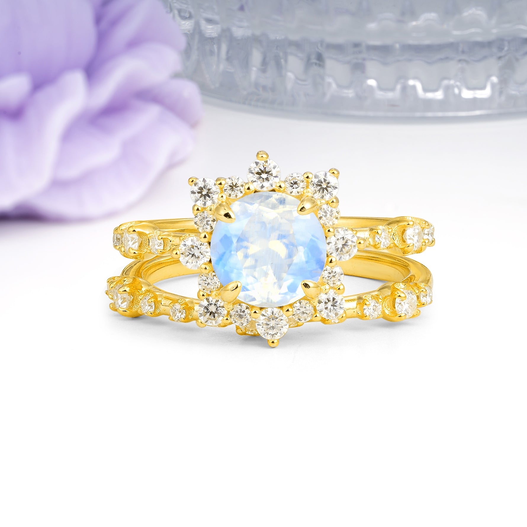 Rainbow Flash Floral Halo Twisted Arm Mini Accent Round Cut Moonstone Bridal Ring Set - Additional view