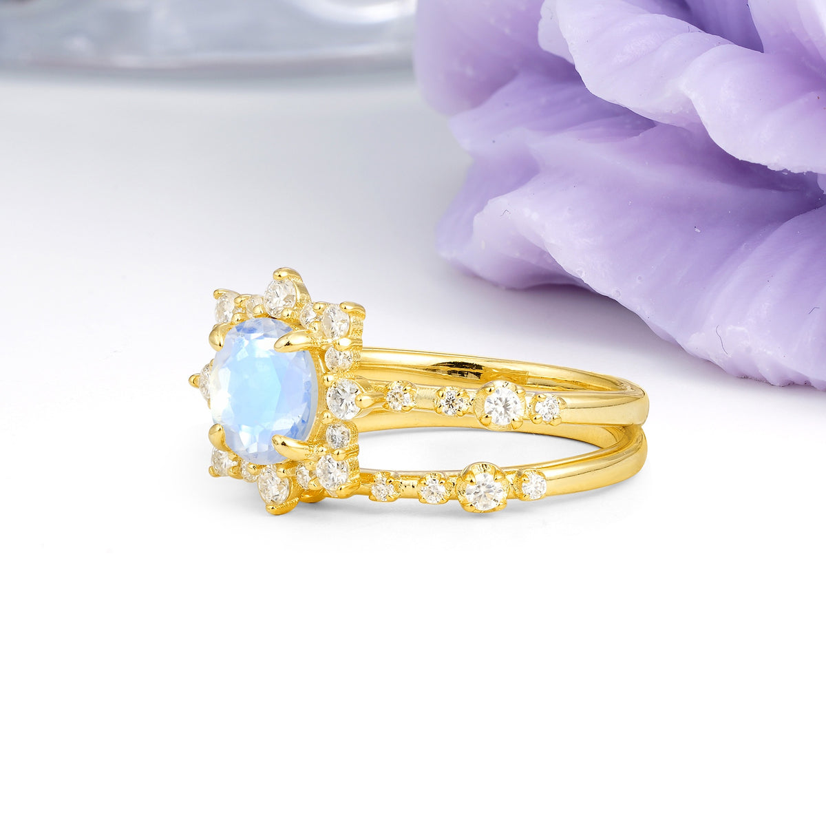 Rainbow Flash Floral Halo Twisted Arm Mini Accent Round Cut Moonstone Bridal Ring Set - Additional view