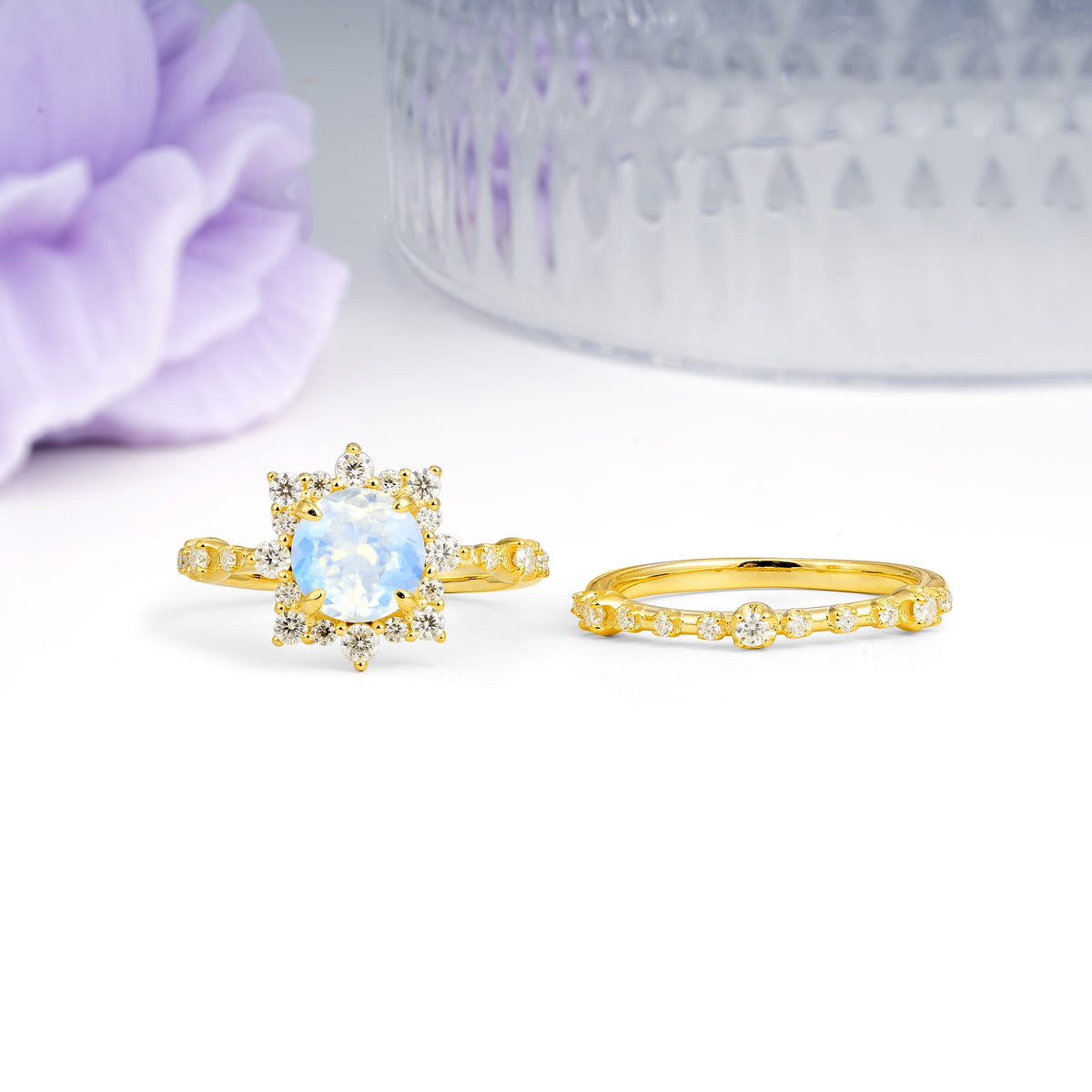 Rainbow Flash Floral Halo Twisted Arm Mini Accent Round Cut Moonstone Bridal Ring Set - Additional view