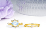 Rainbow Flash Floral Halo Twisted Arm Mini Accent Round Cut Moonstone Bridal Ring Set - Additional view
