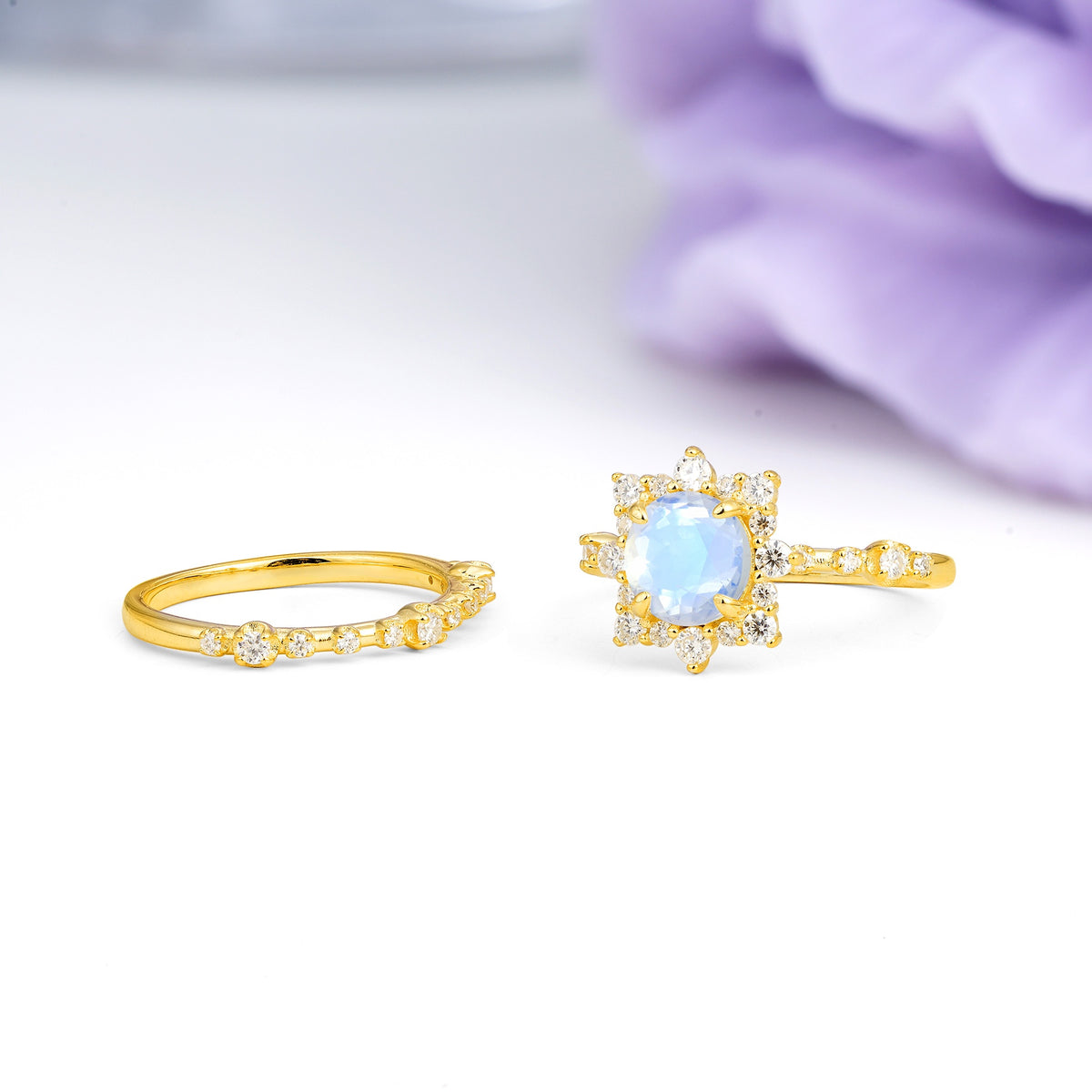 Rainbow Flash Floral Halo Twisted Arm Mini Accent Round Cut Moonstone Bridal Ring Set - Additional view