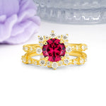 Rainbow Flash Floral Halo Twisted Arm Mini Accent Round Cut Ruby Bridal Ring Set - Additional view