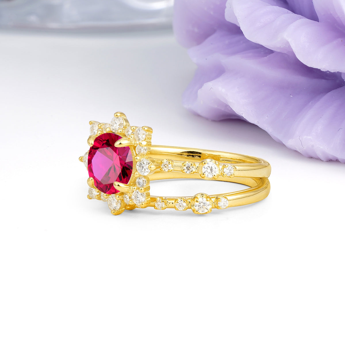 Rainbow Flash Floral Halo Twisted Arm Mini Accent Round Cut Ruby Bridal Ring Set - Additional view