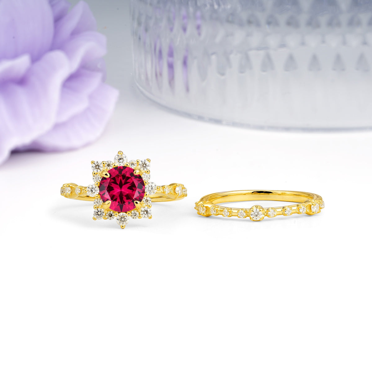 Rainbow Flash Floral Halo Twisted Arm Mini Accent Round Cut Ruby Bridal Ring Set - Additional view