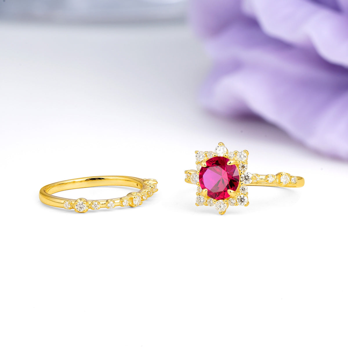 Rainbow Flash Floral Halo Twisted Arm Mini Accent Round Cut Ruby Bridal Ring Set - Additional view