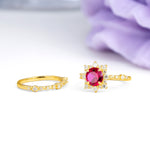Rainbow Flash Floral Halo Twisted Arm Mini Accent Round Cut Ruby Bridal Ring Set - Additional view
