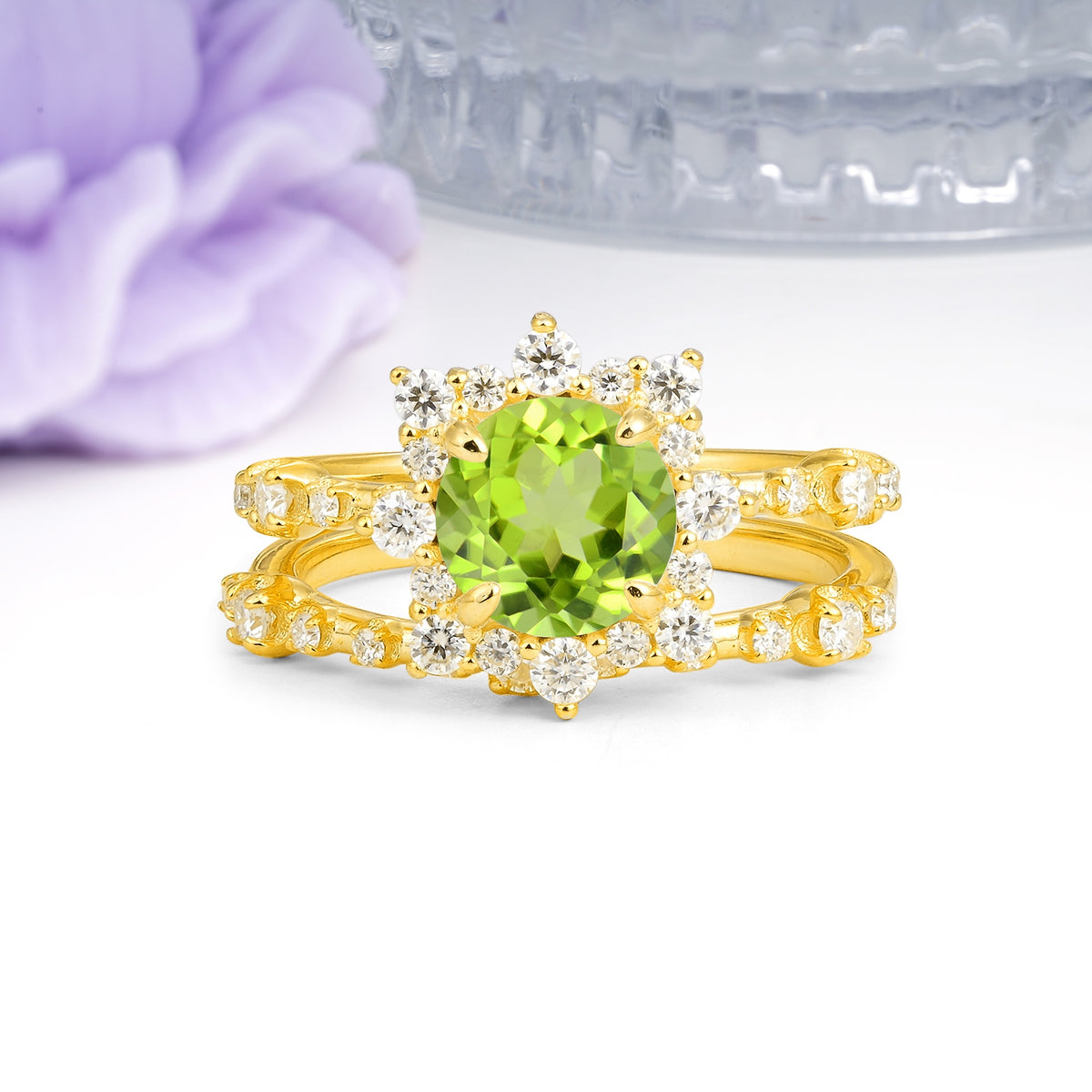 Rainbow Flash Floral Halo Twisted Arm Mini Accent Round Cut Peridot Bridal Ring Set - Additional view