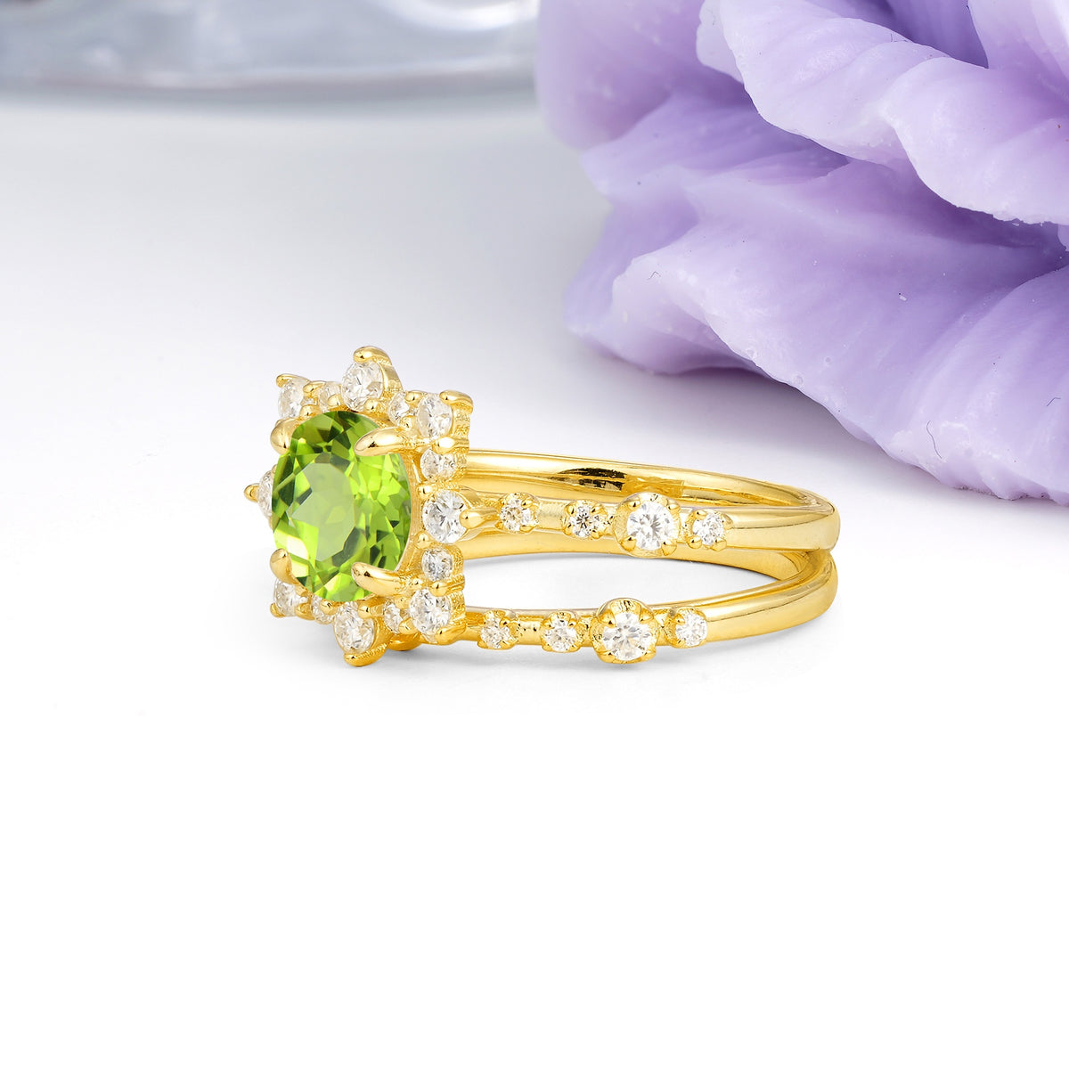 Rainbow Flash Floral Halo Twisted Arm Mini Accent Round Cut Peridot Bridal Ring Set - Additional view