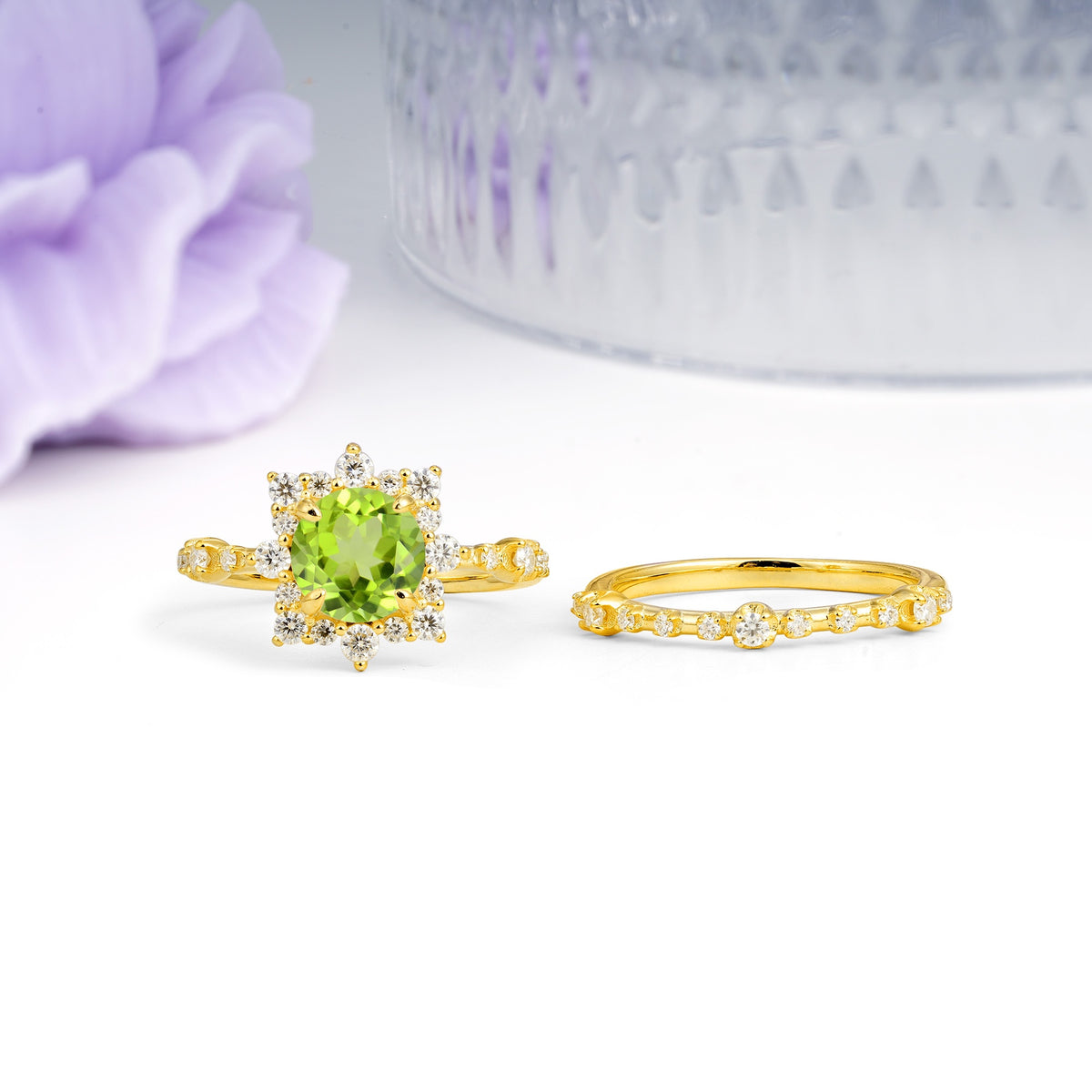 Rainbow Flash Floral Halo Twisted Arm Mini Accent Round Cut Peridot Bridal Ring Set - Additional view