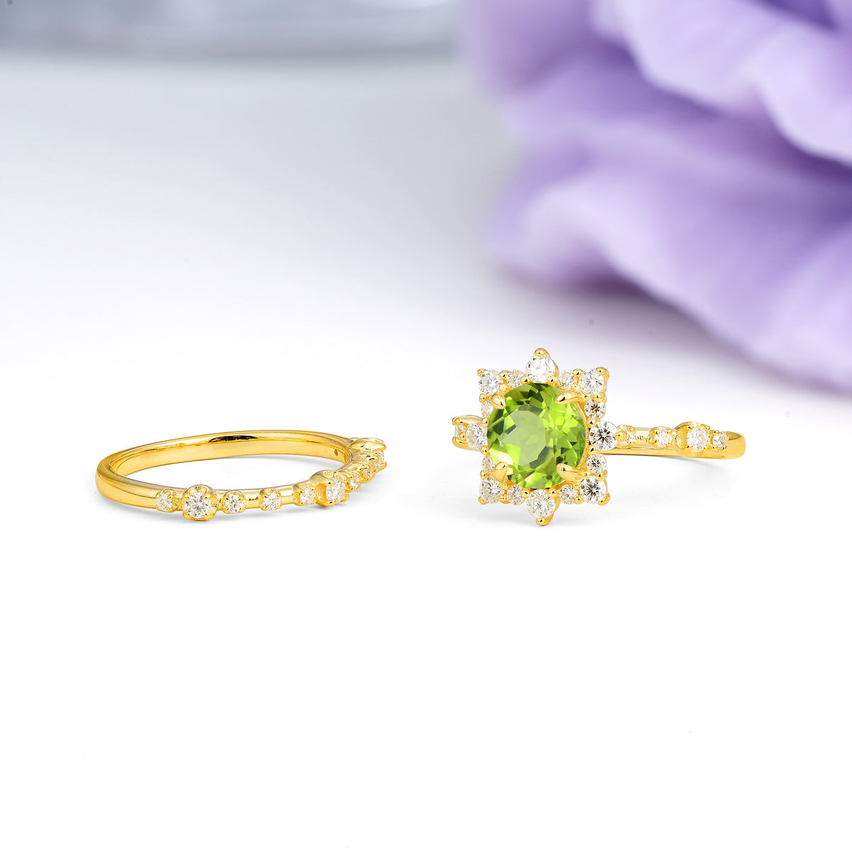 Rainbow Flash Floral Halo Twisted Arm Mini Accent Round Cut Peridot Bridal Ring Set - Additional view