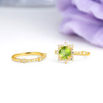 Rainbow Flash Floral Halo Twisted Arm Mini Accent Round Cut Peridot Bridal Ring Set - Additional view
