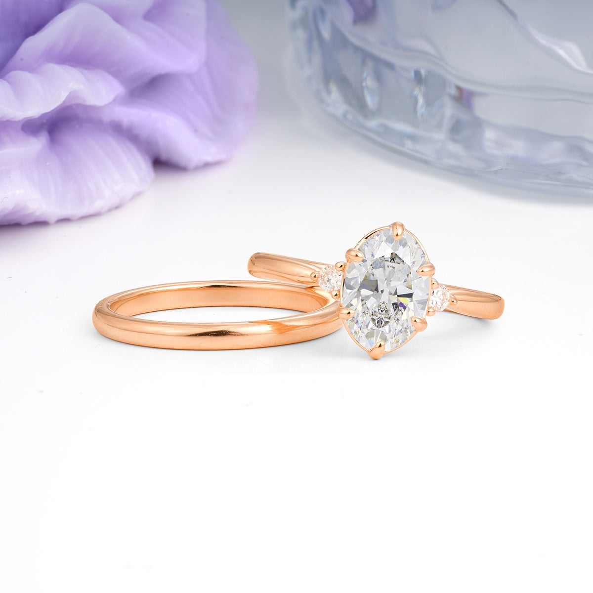 Clean Line Two Piece Oval Cut Main Stone Dual Side Accent Daily Wear Moissanite Bridal Ring Set - Additional view