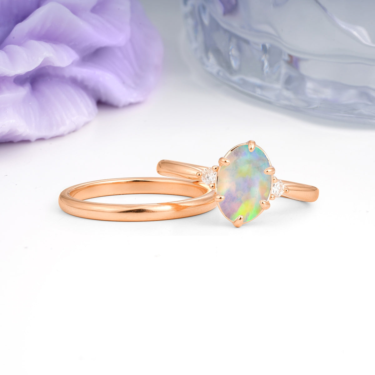 Clean Line Two Piece Oval Cut Main Stone Dual Side Accent Daily Wear Fire Opal Bridal Ring Set - Additional view