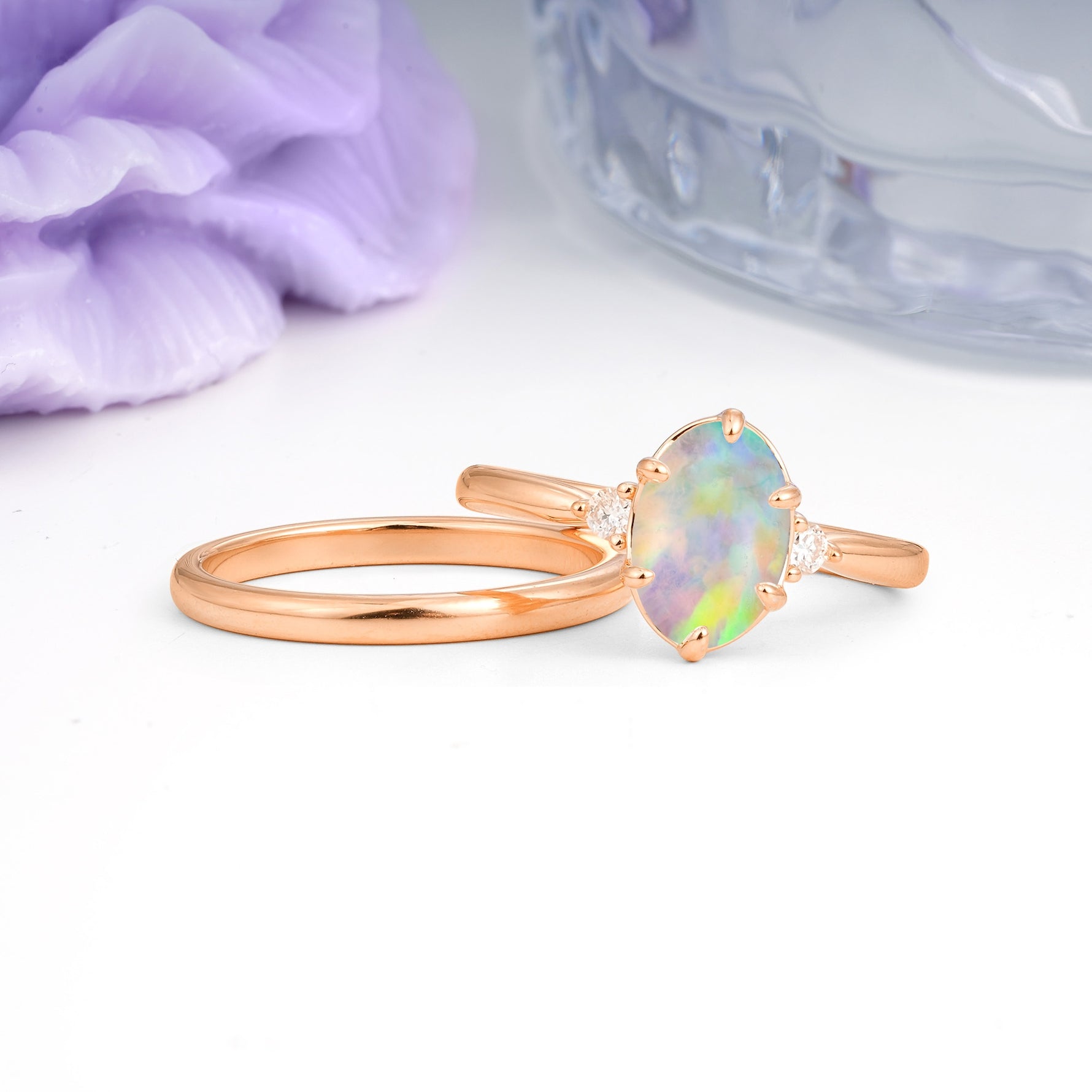 Clean Line Two Piece Oval Cut Main Stone Dual Side Accent Daily Wear Fire Opal Bridal Ring Set - Additional view