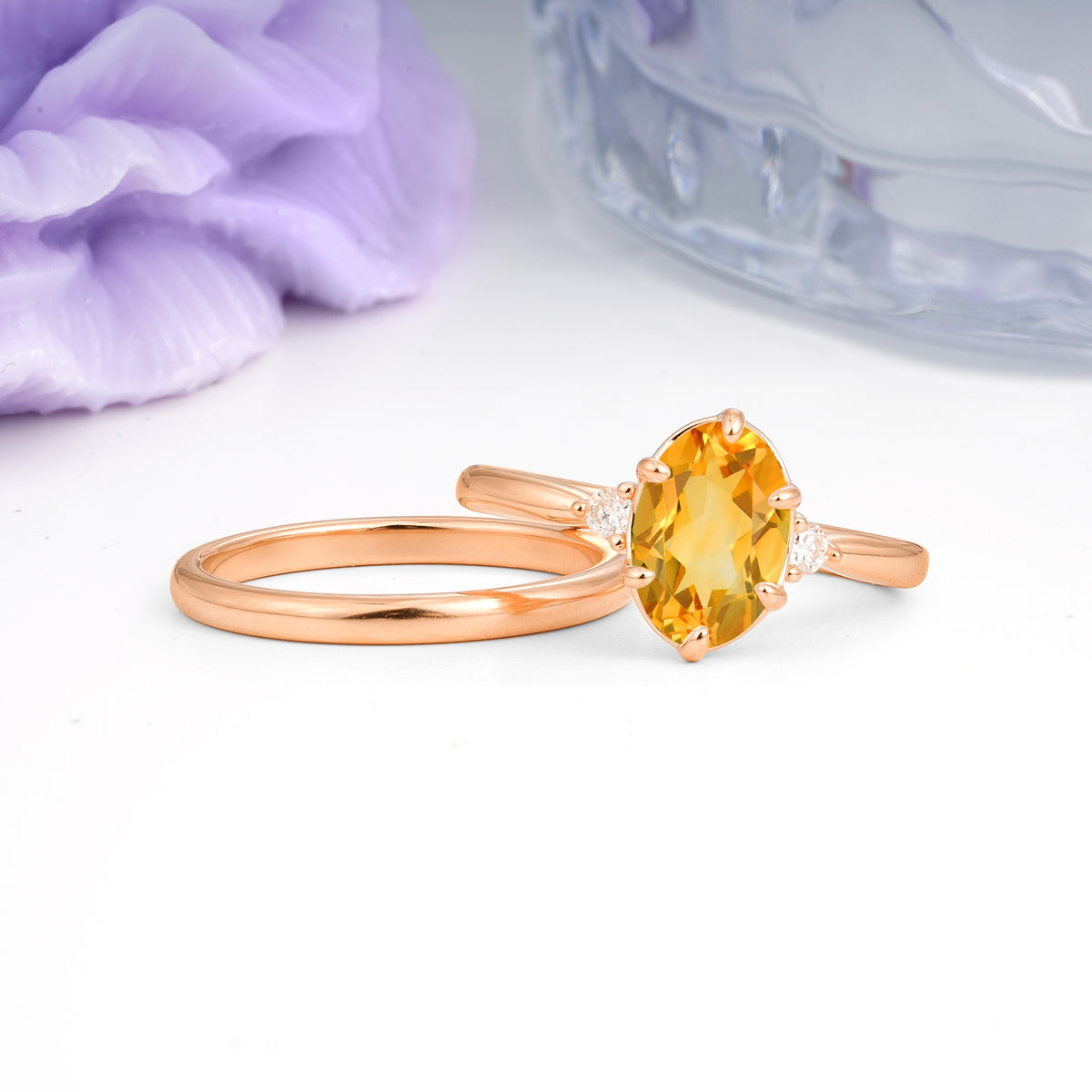 Clean Line Two Piece Oval Cut Main Stone Dual Side Accent Daily Wear Citrine Bridal Ring Set - Additional view
