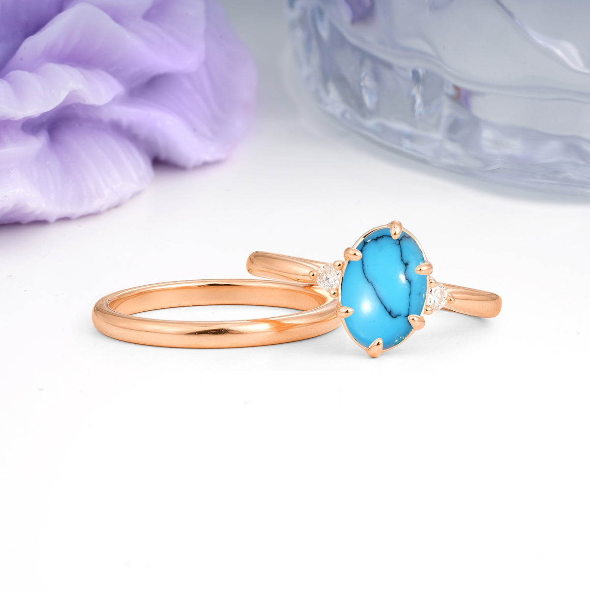 Clean Line Two Piece Oval Cut Main Stone Dual Side Accent Daily Wear Turquoise Bridal Ring Set - Additional view