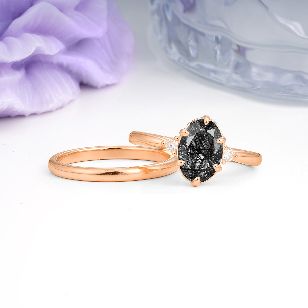 Clean Line Two Piece Oval Cut Main Stone Dual Side Accent Daily Wear Black Rutilated Quartz Bridal Ring Set - Additional view