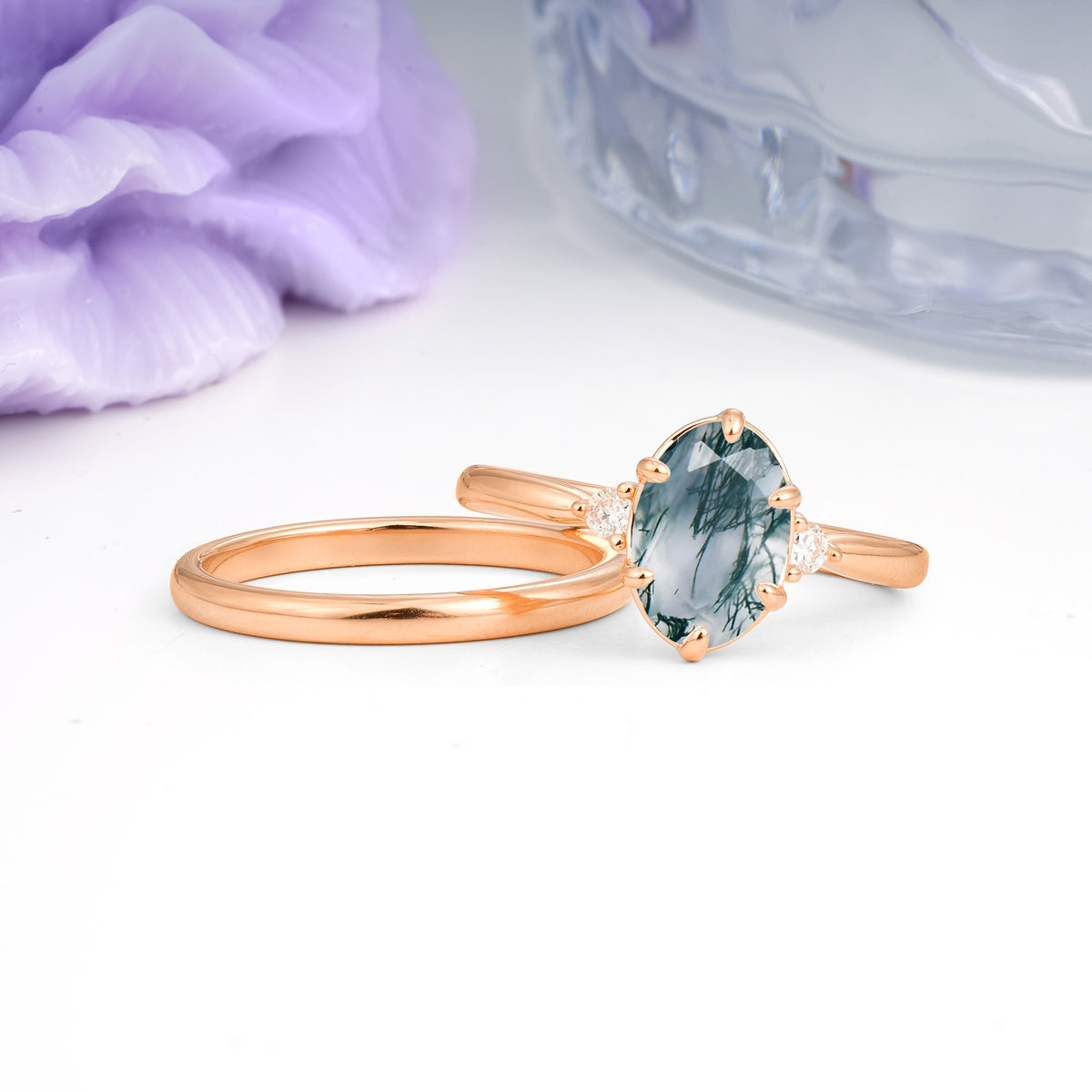 Clean Line Two Piece Oval Cut Main Stone Dual Side Accent Daily Wear Moss Agate Bridal Ring Set - Additional view