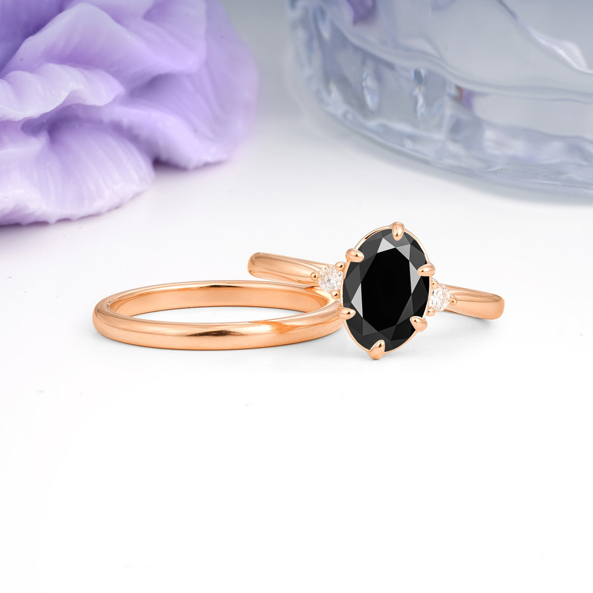 Clean Line Two Piece Oval Cut Main Stone Dual Side Accent Daily Wear Black Onyx Bridal Ring Set - Additional view