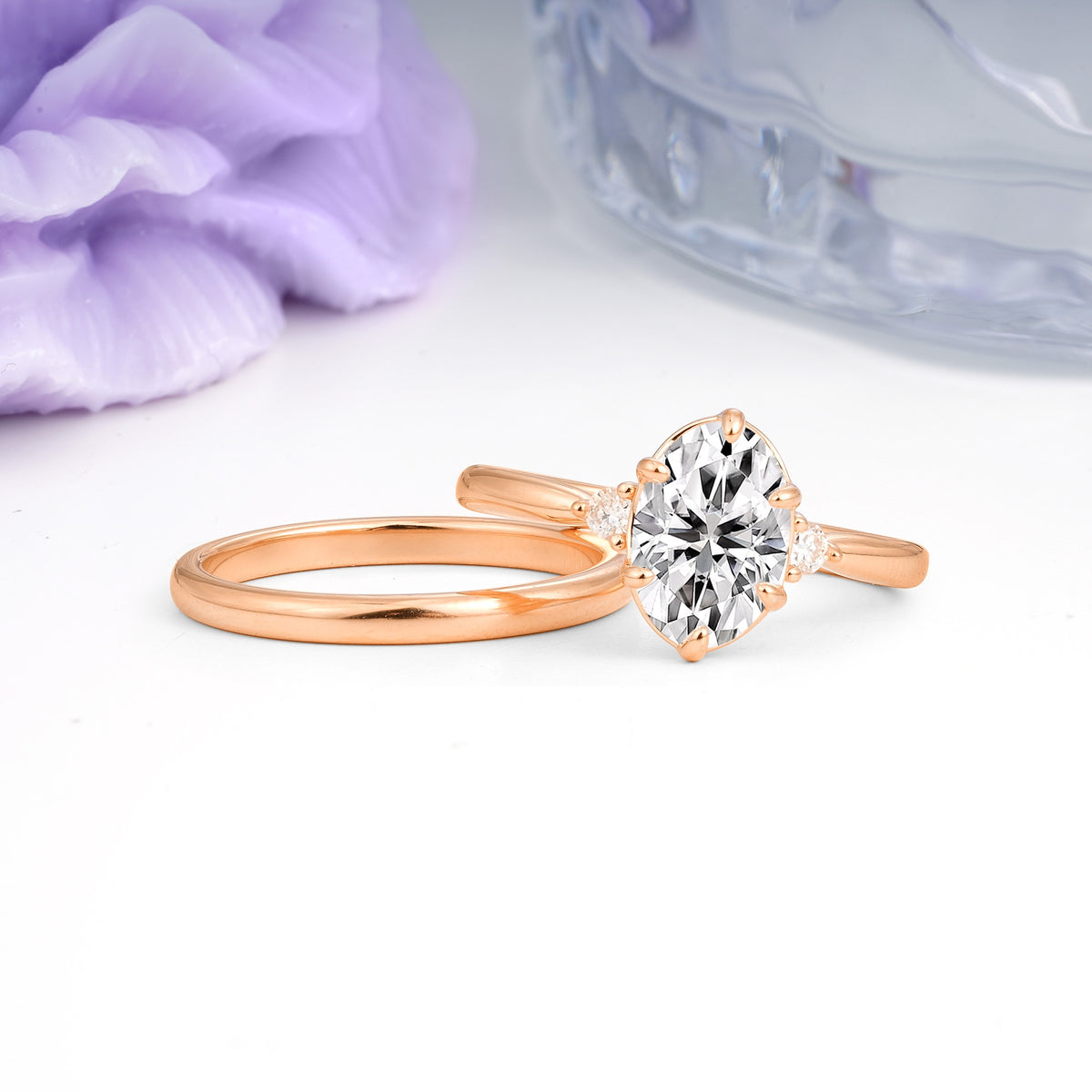 Clean Line Two Piece Oval Cut Main Stone Dual Side Accent Daily Wear Lab Diamond Bridal Ring Set - Additional view