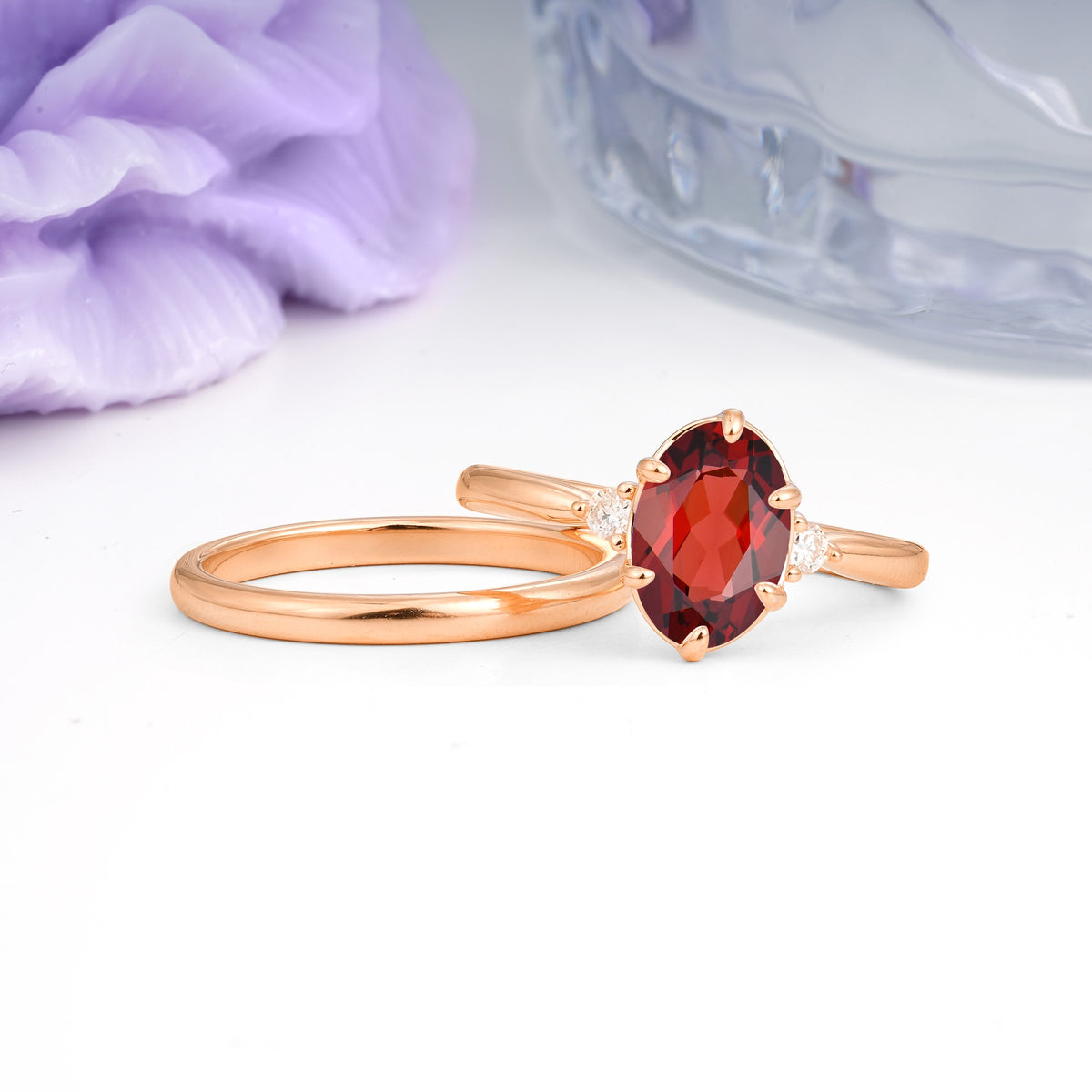 Clean Line Two Piece Oval Cut Main Stone Dual Side Accent Daily Wear Garnet Bridal Ring Set - Additional view