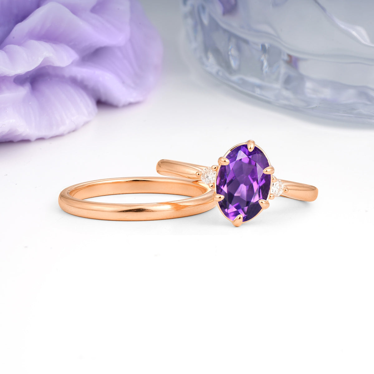 Clean Line Two Piece Oval Cut Main Stone Dual Side Accent Daily Wear Amethyst Bridal Ring Set - Additional view