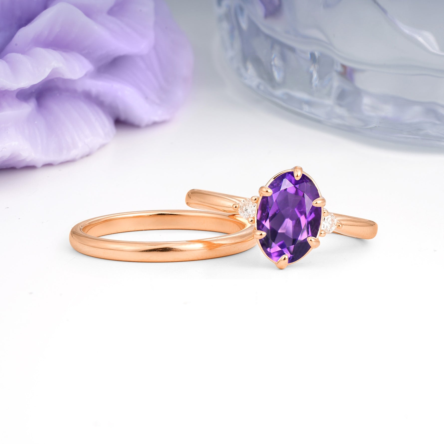 Clean Line Two Piece Oval Cut Main Stone Dual Side Accent Daily Wear Amethyst Bridal Ring Set - Additional view