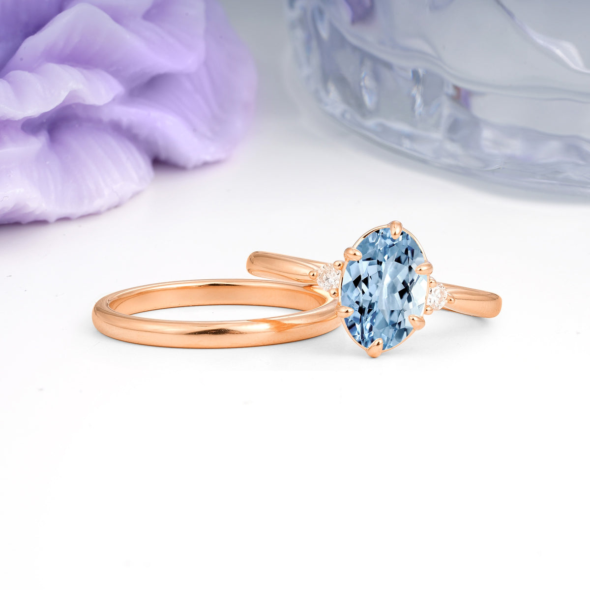 Clean Line Two Piece Oval Cut Main Stone Dual Side Accent Daily Wear Aquamarine Bridal Ring Set - Additional view
