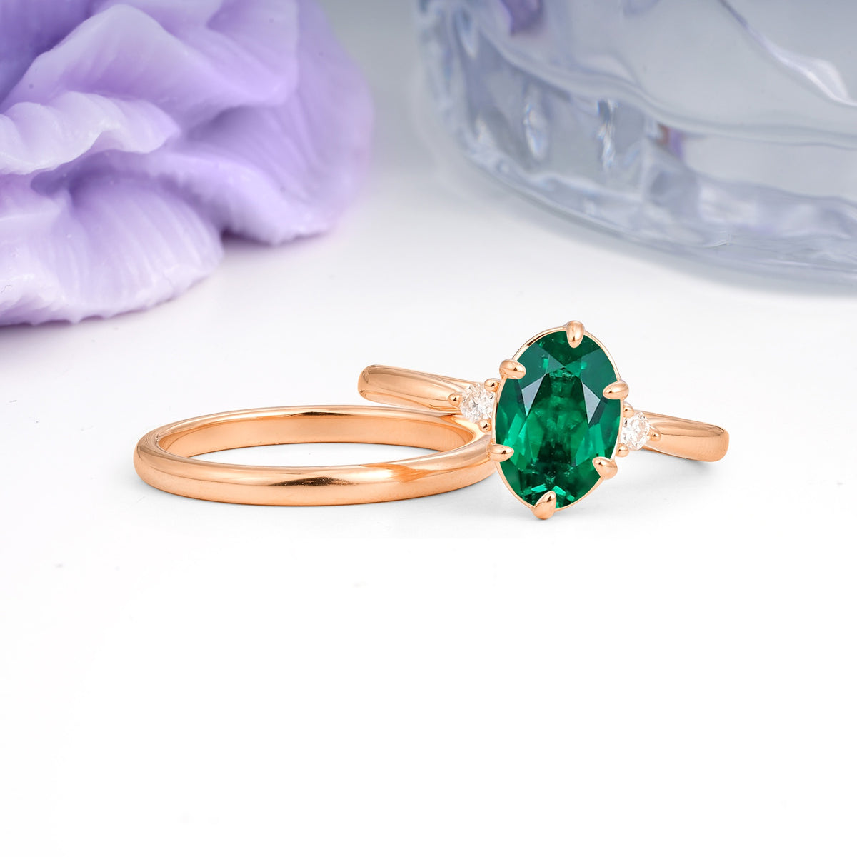 Clean Line Two Piece Oval Cut Main Stone Dual Side Accent Daily Wear Emerald Bridal Ring Set - Additional view