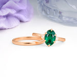 Clean Line Two Piece Oval Cut Main Stone Dual Side Accent Daily Wear Emerald Bridal Ring Set - Additional view