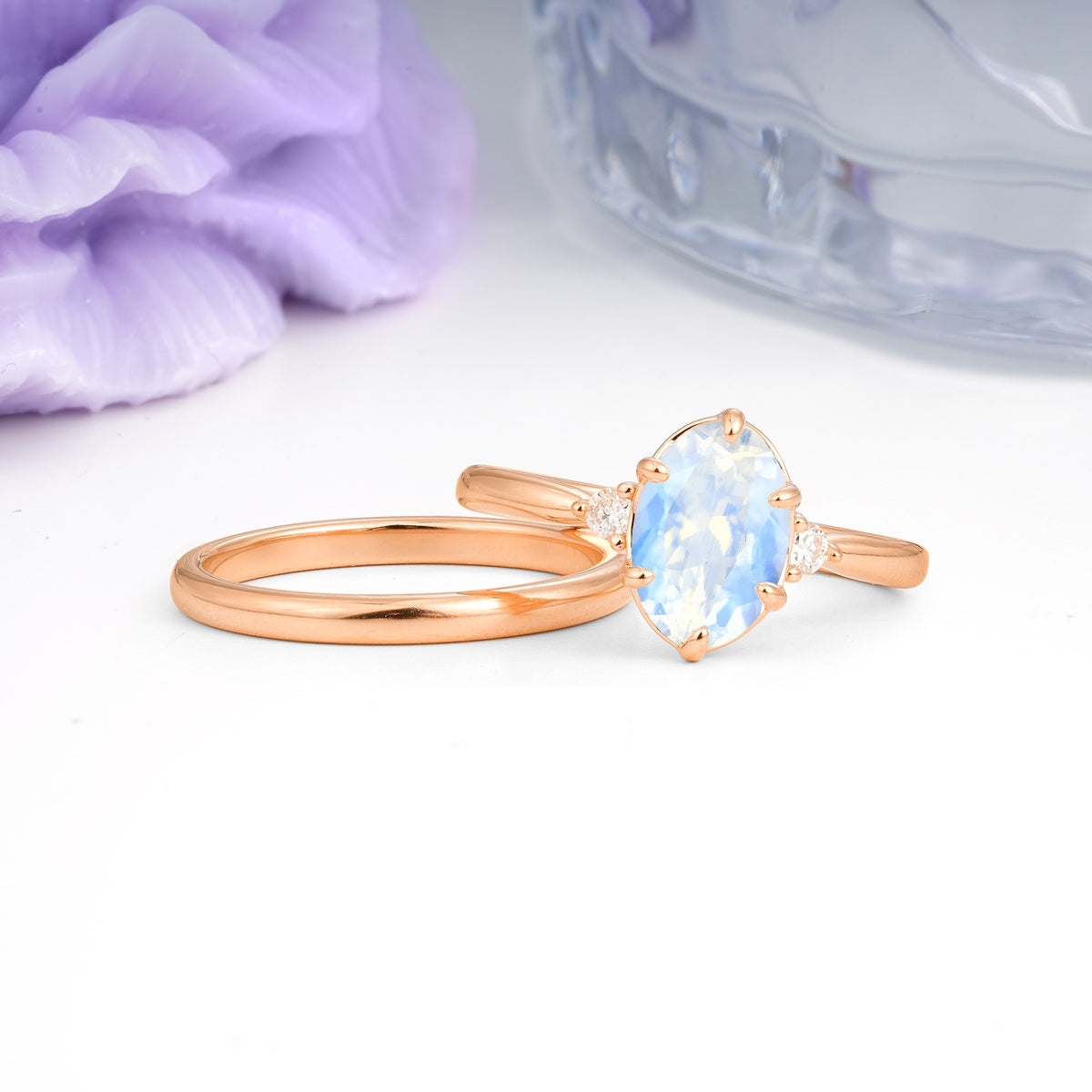 Clean Line Two Piece Oval Cut Main Stone Dual Side Accent Daily Wear Moonstone Bridal Ring Set - Additional view