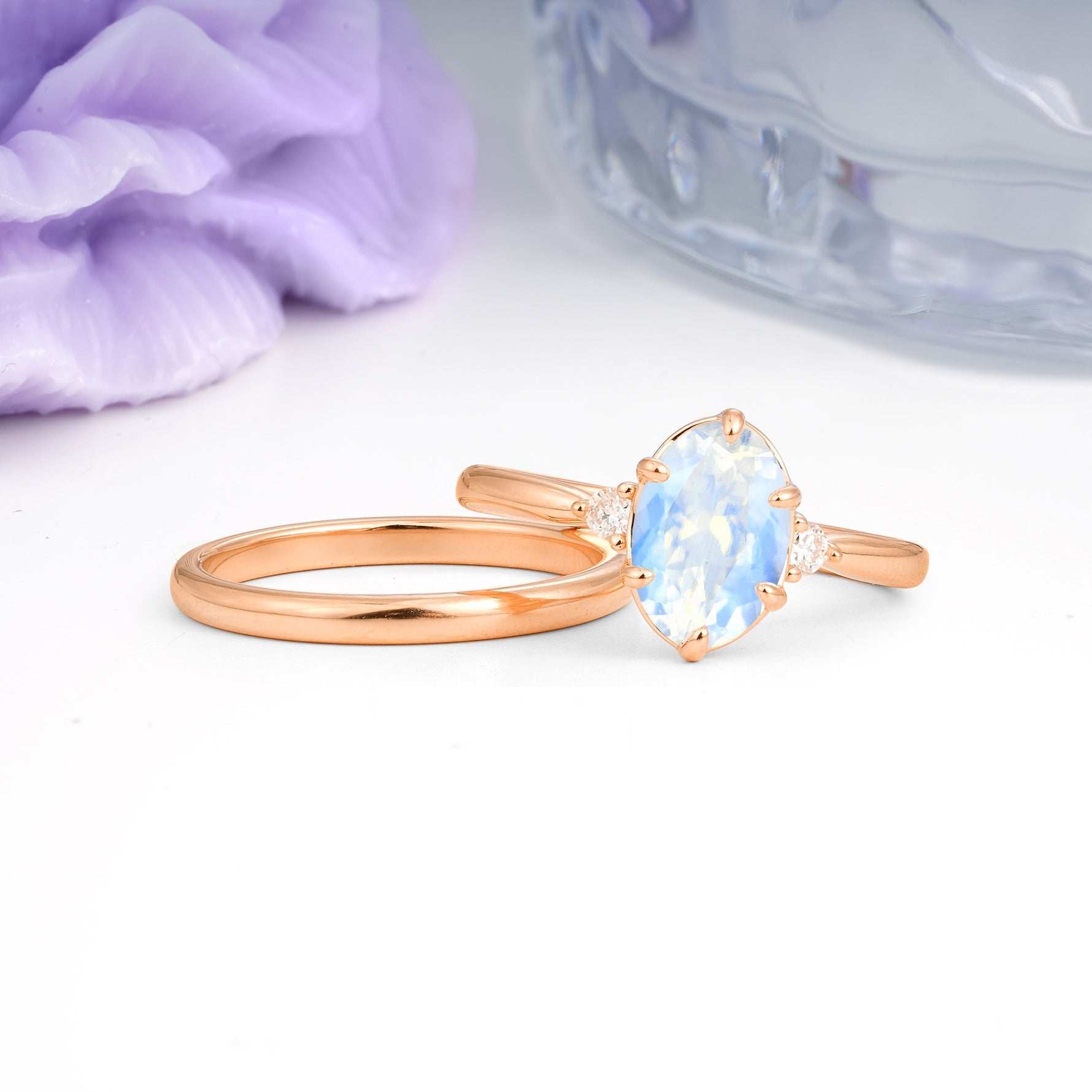 Clean Line Two Piece Oval Cut Main Stone Dual Side Accent Daily Wear Moonstone Bridal Ring Set - Additional view