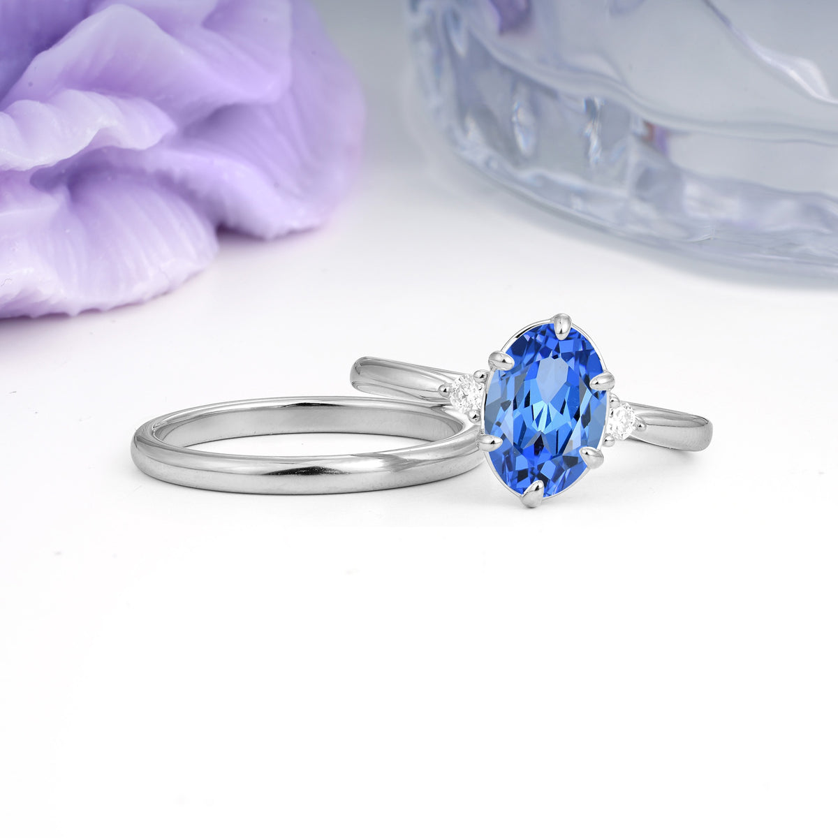 Clean Line Two Piece Oval Cut Main Stone Dual Side Accent Daily Wear Sapphire Bridal Ring Set - Additional view
