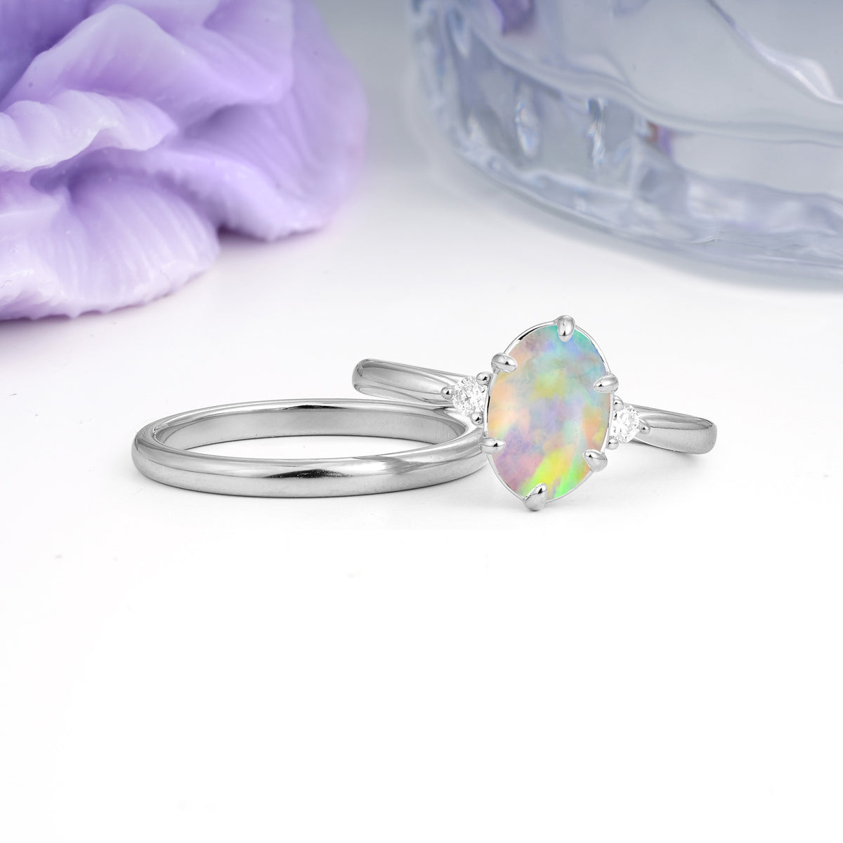 Clean Line Two Piece Oval Cut Main Stone Dual Side Accent Daily Wear Fire Opal Bridal Ring Set - Additional view