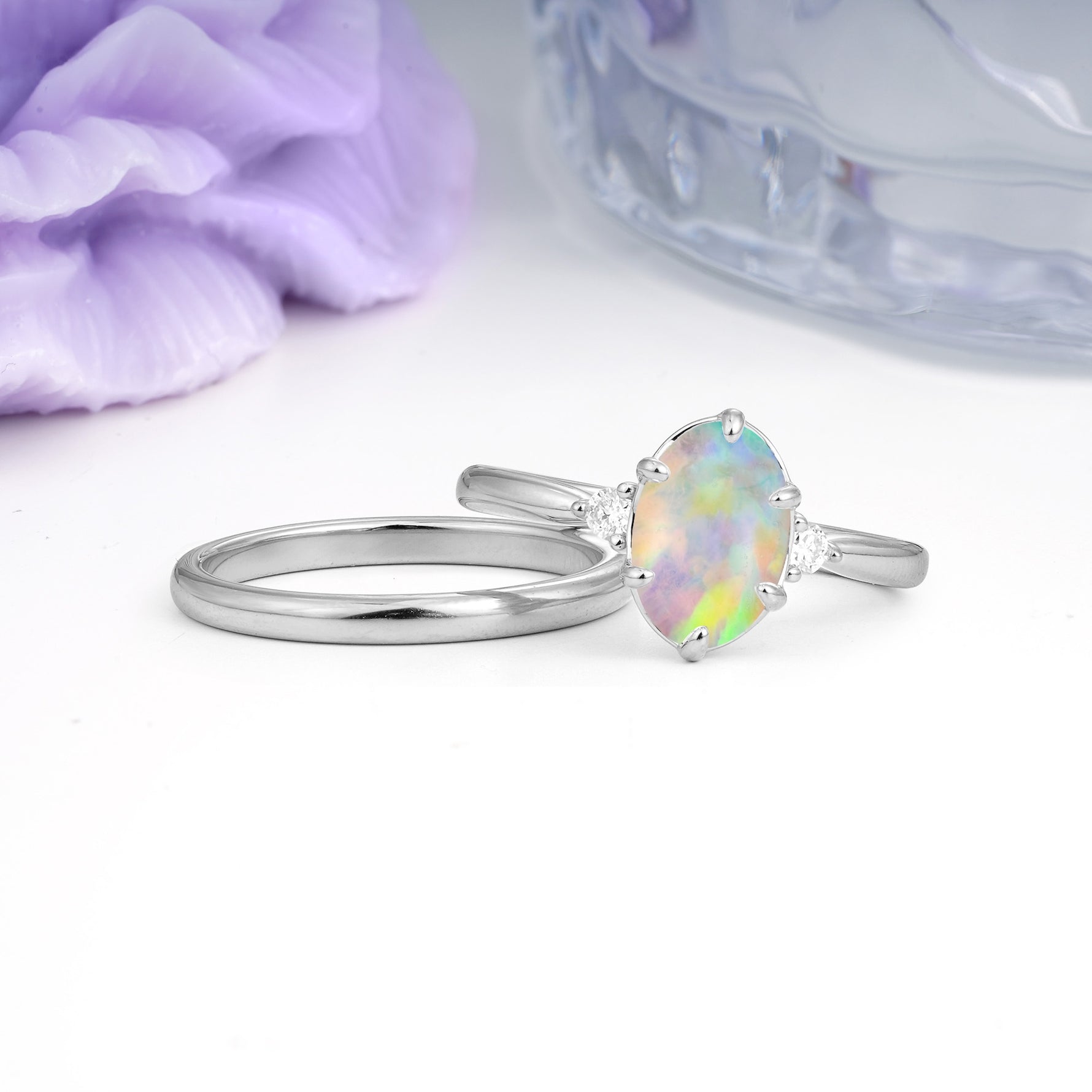 Clean Line Two Piece Oval Cut Main Stone Dual Side Accent Daily Wear Fire Opal Bridal Ring Set - Additional view