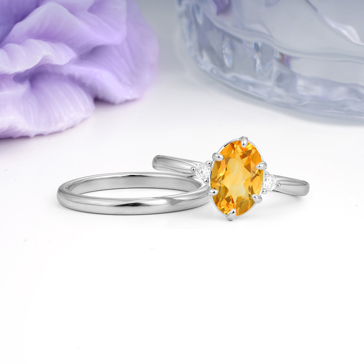 Clean Line Two Piece Oval Cut Main Stone Dual Side Accent Daily Wear Citrine Bridal Ring Set - Additional view