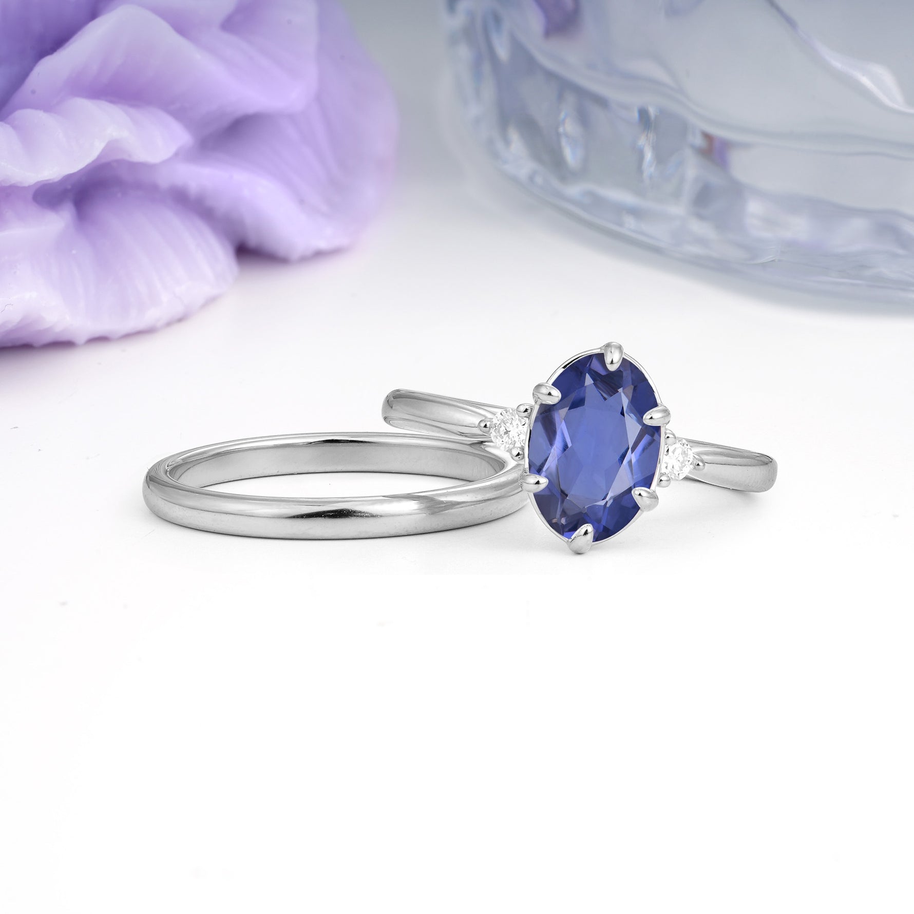 Clean Line Two Piece Oval Cut Main Stone Dual Side Accent Daily Wear Tanzanite Bridal Ring Set - Additional view