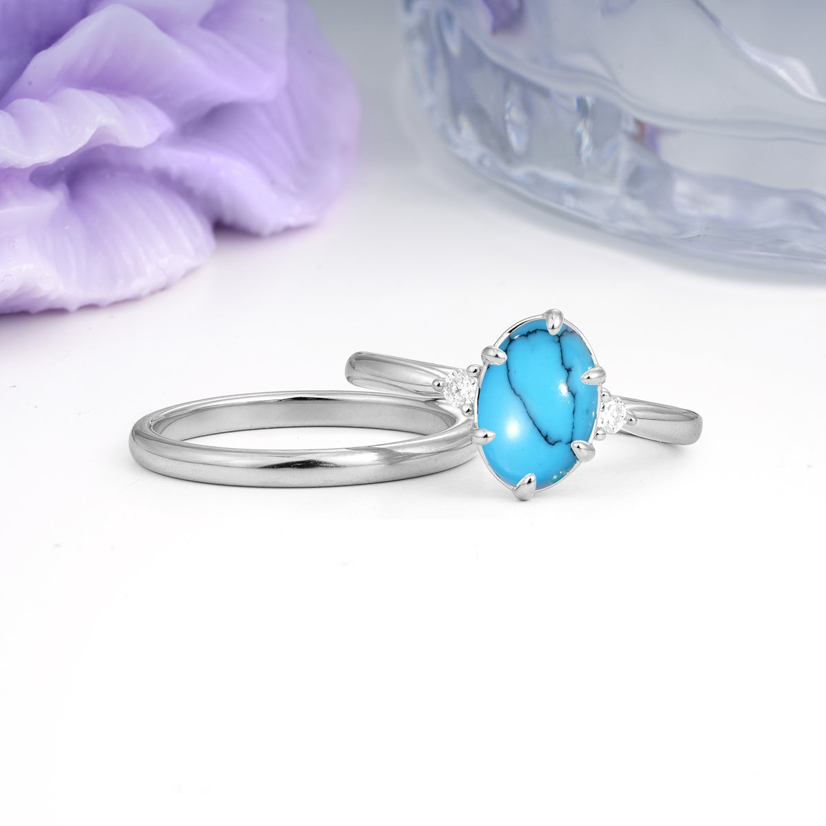 Clean Line Two Piece Oval Cut Main Stone Dual Side Accent Daily Wear Turquoise Bridal Ring Set - Additional view